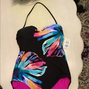 Black, floral one piece swimsuit